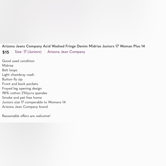 Arizona Jean Company Acid Washed Fringe Denim Midrise Juniors 17 Woman Plus 14 - Picture 4 of 4